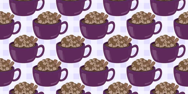 Sıcak ve lezzetli içeceklerle dolu bardaklar. Çikolata, kahve, kakao ve kremalı fincanlar çizilmiş. Karalama kış mevsimlik elementleri beyaza izole edilmiş tasarım için. Samimi El çizimi. Desen Tasarım İllüstrasyonu.