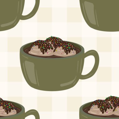 Sıcak ve lezzetli içeceklerle dolu bardaklar. Çikolata, kahve, kakao ve kremalı fincanlar çizilmiş. Karalama kış mevsimlik elementleri beyaza izole edilmiş tasarım için. Samimi El çizimi. Desen Tasarım İllüstrasyonu.