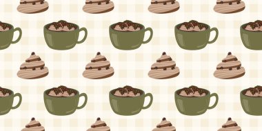 Sıcak ve lezzetli içeceklerle dolu bardaklar. Çikolata, kahve, kakao ve kremalı fincanlar çizilmiş. Karalama kış mevsimlik elementleri beyaza izole edilmiş tasarım için. Samimi El çizimi. Desen Tasarım İllüstrasyonu.