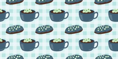 Sıcak ve lezzetli içeceklerle dolu bardaklar. Çikolata, kahve, kakao ve kremalı fincanlar çizilmiş. Karalama kış mevsimlik elementleri beyaza izole edilmiş tasarım için. Samimi El çizimi. Desen Tasarım İllüstrasyonu.