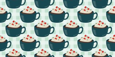 Sıcak ve lezzetli içeceklerle dolu bardaklar. Çikolata, kahve, kakao ve kremalı fincanlar çizilmiş. Karalama kış mevsimlik elementleri beyaza izole edilmiş tasarım için. Samimi El çizimi. Desen Tasarım İllüstrasyonu.