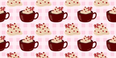 Sıcak ve lezzetli içeceklerle dolu bardaklar. Çikolata, kahve, kakao ve kremalı fincanlar çizilmiş. Karalama kış mevsimlik elementleri beyaza izole edilmiş tasarım için. Samimi El çizimi. Desen Tasarım İllüstrasyonu.