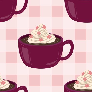 Sıcak ve lezzetli içeceklerle dolu bardaklar. Çikolata, kahve, kakao ve kremalı fincanlar çizilmiş. Karalama kış mevsimlik elementleri beyaza izole edilmiş tasarım için. Samimi El çizimi. Desen Tasarım İllüstrasyonu.