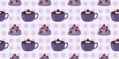 Sıcak ve lezzetli içeceklerle dolu bardaklar. Çikolata, kahve, kakao ve kremalı fincanlar çizilmiş. Karalama kış mevsimlik elementleri beyaza izole edilmiş tasarım için. Samimi El çizimi. Desen Tasarım İllüstrasyonu.