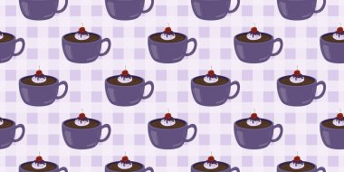 Sıcak ve lezzetli içeceklerle dolu bardaklar. Çikolata, kahve, kakao ve kremalı fincanlar çizilmiş. Karalama kış mevsimlik elementleri beyaza izole edilmiş tasarım için. Samimi El çizimi. Desen Tasarım İllüstrasyonu.