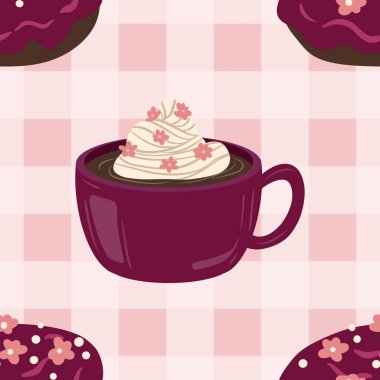 Sıcak ve lezzetli içeceklerle dolu bardaklar. Çikolata, kahve, kakao ve kremalı fincanlar çizilmiş. Karalama kış mevsimlik elementleri beyaza izole edilmiş tasarım için. Samimi El çizimi. Desen Tasarım İllüstrasyonu.