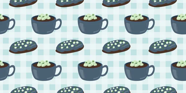 Sıcak ve lezzetli içeceklerle dolu bardaklar. Çikolata, kahve, kakao ve kremalı fincanlar çizilmiş. Karalama kış mevsimlik elementleri beyaza izole edilmiş tasarım için. Samimi El çizimi. Desen Tasarım İllüstrasyonu.