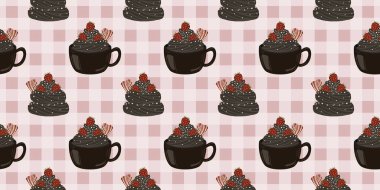 Sıcak ve lezzetli içeceklerle dolu bardaklar. Çikolata, kahve, kakao ve kremalı fincanlar çizilmiş. Karalama kış mevsimlik elementleri beyaza izole edilmiş tasarım için. Samimi El çizimi. Desen Tasarım İllüstrasyonu.