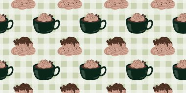 Sıcak ve lezzetli içeceklerle dolu bardaklar. Çikolata, kahve, kakao ve kremalı fincanlar çizilmiş. Karalama kış mevsimlik elementleri beyaza izole edilmiş tasarım için. Samimi El çizimi. Desen Tasarım İllüstrasyonu.