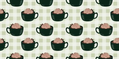 Sıcak ve lezzetli içeceklerle dolu bardaklar. Çikolata, kahve, kakao ve kremalı fincanlar çizilmiş. Karalama kış mevsimlik elementleri beyaza izole edilmiş tasarım için. Samimi El çizimi. Desen Tasarım İllüstrasyonu.