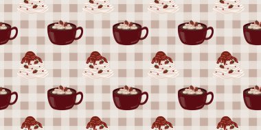 Sıcak ve lezzetli içeceklerle dolu bardaklar. Çikolata, kahve, kakao ve kremalı fincanlar çizilmiş. Karalama kış mevsimlik elementleri beyaza izole edilmiş tasarım için. Samimi El çizimi. Desen Tasarım İllüstrasyonu.