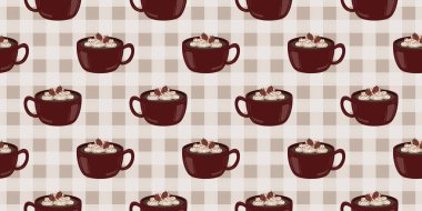 Sıcak ve lezzetli içeceklerle dolu bardaklar. Çikolata, kahve, kakao ve kremalı fincanlar çizilmiş. Karalama kış mevsimlik elementleri beyaza izole edilmiş tasarım için. Samimi El çizimi. Desen Tasarım İllüstrasyonu.