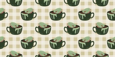 Sıcak ve lezzetli içeceklerle dolu bardaklar. Çikolata, kahve, kakao ve kremalı fincanlar çizilmiş. Karalama kış mevsimlik elementleri beyaza izole edilmiş tasarım için. Samimi El çizimi. Desen Tasarım İllüstrasyonu.