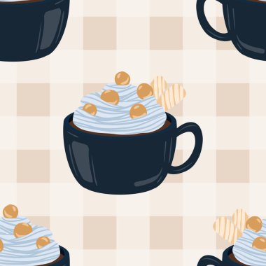 Sıcak ve lezzetli içeceklerle dolu bardaklar. Çikolata, kahve, kakao ve kremalı fincanlar çizilmiş. Karalama kış mevsimlik elementleri beyaza izole edilmiş tasarım için. Samimi El çizimi. Desen Tasarım İllüstrasyonu.