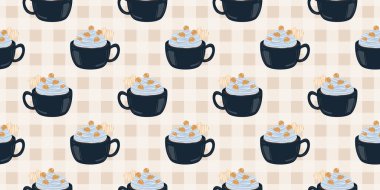 Sıcak ve lezzetli içeceklerle dolu bardaklar. Çikolata, kahve, kakao ve kremalı fincanlar çizilmiş. Karalama kış mevsimlik elementleri beyaza izole edilmiş tasarım için. Samimi El çizimi. Desen Tasarım İllüstrasyonu.