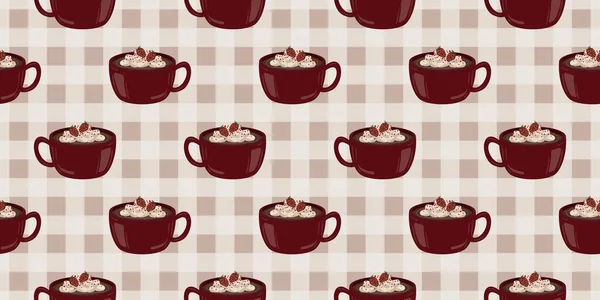 Sıcak ve lezzetli içeceklerle dolu bardaklar. Çikolata, kahve, kakao ve kremalı fincanlar çizilmiş. Karalama kış mevsimlik elementleri beyaza izole edilmiş tasarım için. Samimi El çizimi. Desen Tasarım İllüstrasyonu.