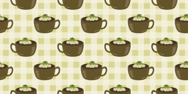 Sıcak ve lezzetli içeceklerle dolu bardaklar. Çikolata, kahve, kakao ve kremalı fincanlar çizilmiş. Karalama kış mevsimlik elementleri beyaza izole edilmiş tasarım için. Samimi El çizimi. Desen Tasarım İllüstrasyonu.