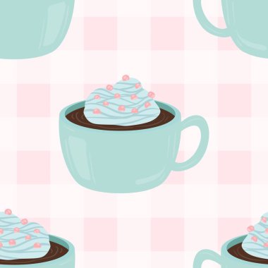 Sıcak ve lezzetli içeceklerle dolu bardaklar. Çikolata, kahve, kakao ve kremalı fincanlar çizilmiş. Karalama kış mevsimlik elementleri beyaza izole edilmiş tasarım için. Samimi El çizimi. Desen Tasarım İllüstrasyonu.