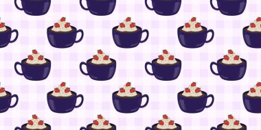 Sıcak ve lezzetli içeceklerle dolu bardaklar. Çikolata, kahve, kakao ve kremalı fincanlar çizilmiş. Karalama kış mevsimlik elementleri beyaza izole edilmiş tasarım için. Samimi El çizimi. Desen Tasarım İllüstrasyonu.