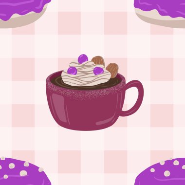 İzole edilmiş sıcak kremalı pasta. Çikolata, kahve, kakao ve kremalı fincanlar çizilmiş. Karalama kış mevsimlik elementleri beyaza izole edilmiş tasarım için. Samimi El çizimi. Desen Tasarım İllüstrasyonu.