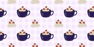 Sıcak ve lezzetli içeceklerle dolu bardaklar. Çikolata, kahve, kakao ve kremalı fincanlar çizilmiş. Karalama kış mevsimlik elementleri beyaza izole edilmiş tasarım için. Samimi El çizimi. Desen Tasarım İllüstrasyonu.