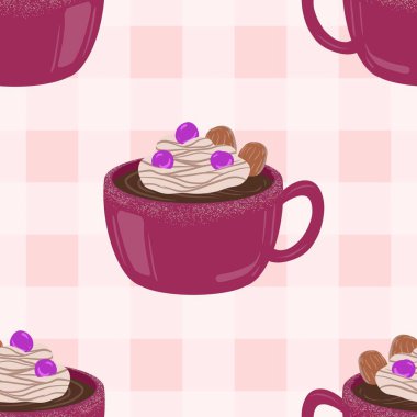 İzole edilmiş sıcak kremalı pasta. Çikolata, kahve, kakao ve kremalı fincanlar çizilmiş. Karalama kış mevsimlik elementleri beyaza izole edilmiş tasarım için. Samimi El çizimi. Desen Tasarım İllüstrasyonu.