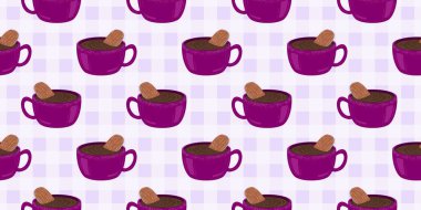 Sıcak ve lezzetli içeceklerle dolu bardaklar. Çikolata, kahve, kakao ve kremalı fincanlar çizilmiş. Karalama kış mevsimlik elementleri beyaza izole edilmiş tasarım için. Samimi El çizimi. Desen Tasarım İllüstrasyonu.