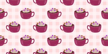 Sıcak ve lezzetli içeceklerle dolu bardaklar. Çikolata, kahve, kakao ve kremalı fincanlar çizilmiş. Karalama kış mevsimlik elementleri beyaza izole edilmiş tasarım için. Samimi El çizimi. Desen Tasarım İllüstrasyonu.