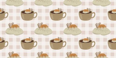 Sıcak ve lezzetli içeceklerle dolu bardaklar. Çikolata, kahve, kakao ve kremalı fincanlar çizilmiş. Karalama kış mevsimlik elementleri beyaza izole edilmiş tasarım için. Samimi El çizimi. Desen Tasarım İllüstrasyonu.