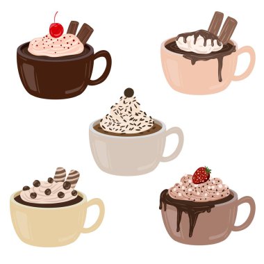 Sıcak ve lezzetli içeceklerle dolu bardaklar. Çikolata, kahve, kakao ve kremalı fincanlar çizilmiş. Karalama kış mevsimlik elementleri beyaza izole edilmiş tasarım için. Samimi El çizimi