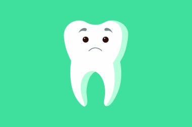 Üzücü bir beyaz diş karikatürü, bir deniz mavisi zemininde duruyor, dişçi kaygıları ve sağlık bilincini iletiyor. Diş sağlığı klinikleri, hasta eğitimi ve diş bakımıyla ilgili promosyon materyalleri için ideal