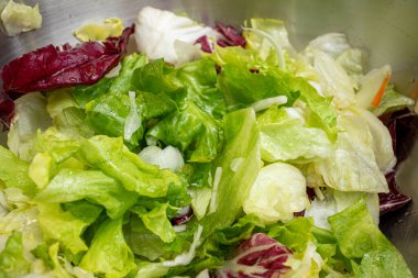 Romaine ve kırmızı yapraklı marul da dahil olmak üzere doğranmış yapraklı yeşiller paslanmaz çelik bir kaseyi doldurur. Salata öğle ya da akşam yemeği için hazır.