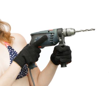 Beyaz bir arka plan üzerinde yatay olarak eller matkap