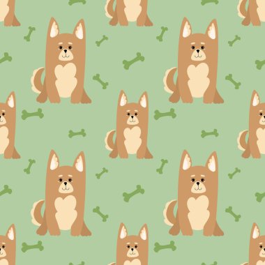 Çizgi film köpekleri ve kemikleri ve köpek mamasıyla kusursuz desen. Güzel köpek mamaları. Kusursuz desenli. Işık arka planında izole edilmiş evcil nesneler ve köpekler. Ürün ve köpek maması ambalajı için tasarım.