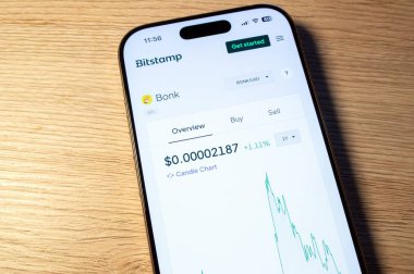 Ostrava, Çek Cumhuriyeti - 2 Şubat 2025: Bonk madeni para, kripto para ve fiyat tablosu satın almak için Bitstamp web sitesi