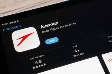 Ostrava, Çek Cumhuriyeti - 28 Eylül 2024: Avusturya havayolları mobil seyahat uygulamalı Apple uygulama mağazası