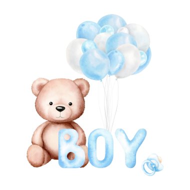 Sevimli oyuncak ayı, mavi balonlar ve mesajcı çocuk. Elle boyanmış suluboya resim. Beyaz arka planda izole edilmiş bir kompozisyon, bebek partisi için tasarlanmış. Davetiyeler, tebrik kartları, posterler, dekorlar için.