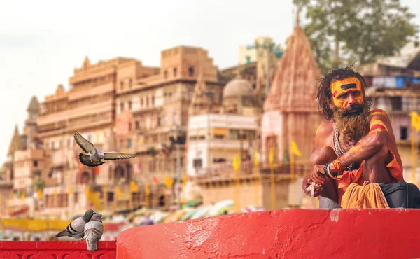 Hindú Sadhu Baba Ghat Del Río Varanasi Ganges —  Fotos de Stock