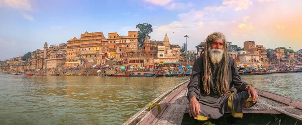 Varanasi Arquitetura Cidade Antiga Vista Panorâmica Com Sadhu Hindu Rio — Fotografia de Stock
