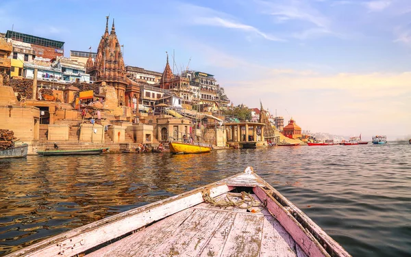 Varanasi Forntida Stad Arkitektur Sett Utifrån Båt Floden Ganges Royaltyfria Stockbilder