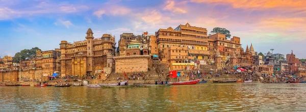 Varanasi Stad Panoramautsikt Med Ganges Flod Ghats Stockbild