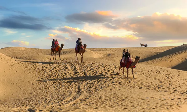 2018年3月25日 ラジャスタン州ジャイサルマーのタール砂漠で熱狂的な観光客と砂漠のラクダ — ストック写真