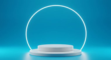 Beyaz dairesel bir podyum, arkasında parlak beyaz bir neon kemer bulunan mavi bir yüzey üzerine kuruludur. Net detaylar ve canlı renkler görsel cazibeyi artırır.