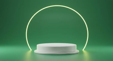 Beyaz dairesel bir podyum, arkasında parlak sarı neon kemer bulunan yeşil bir yüzey üzerine kuruludur. Net detaylar ve canlı renkler görsel cazibeyi artırır.