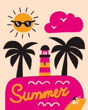 Canlı düz bir illüstrasyonda güneş gözlüğü, palmiye ağaçları ve deniz feneri takan bir yaz adası sergileniyor.