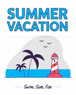 Temiz, grafik bir illüstrasyon afişinde stilize palmiye ağaçları, deniz feneri ve 