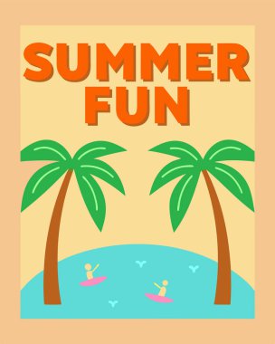 İki palmiye ağacının, mavi okyanusta sörf yapan iki sörfçünün ve gökyüzündeki küçük kuşların yer aldığı, SuMER FUN sözlerinin yer aldığı parlak ve neşeli bir illüstrasyon posteri..