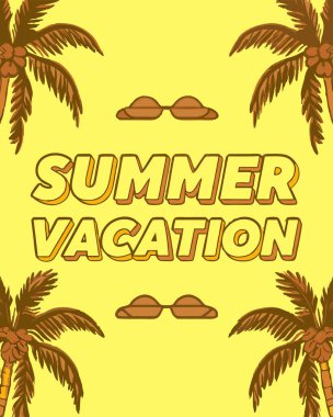 Parlak sarı bir zemin üzerinde palmiye ağaçları ve güneş gözlükleriyle çerçevelenmiş kalın sarı metinlerle 