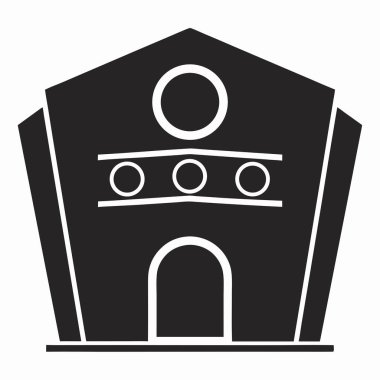 Tarzlı bir binanın siyah silueti kemerli bir kapı aralığı, üst üste üç dairesel pencere ve daha büyük bir daire..