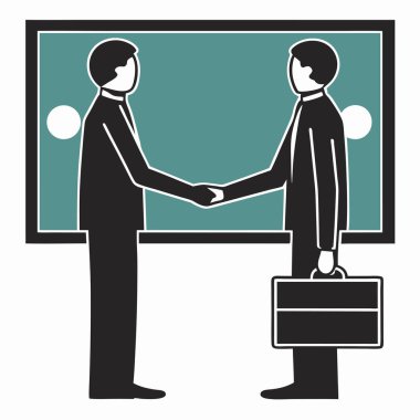 Takım elbiseli iki adam, bir iş anlaşmasını sembolize eden iki beyaz halkalı bir deniz mavisi heyetinin önünde el sıkışıyor..